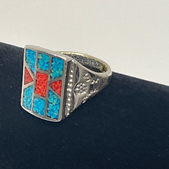 Handcrafted Navajo Rhodium Plated Ring With Multi Gem Stones. Size 12.5 - Picture 1 of 9